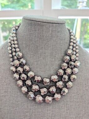 Trendy Silver Tone Triple Strand Beaded Layering Glam Event Necklace
